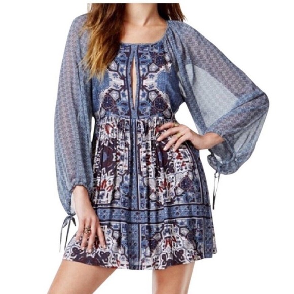NWT FREE PEOPLE MARINE COMBO Blue‎ DRESS LONG SLEEVE BOHO WOMENS 12 MSRP $128 - Picture 9 of 9